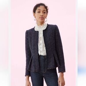 Rebecca Taylor Rainbow Tweed Jacket in Navy. Funfetti. Pleated parts. Size 6.